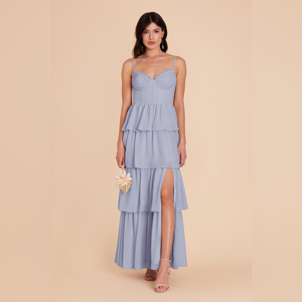 Birdie Grey Lola Chiffon Dusty Blue Tiered Maxi Dress